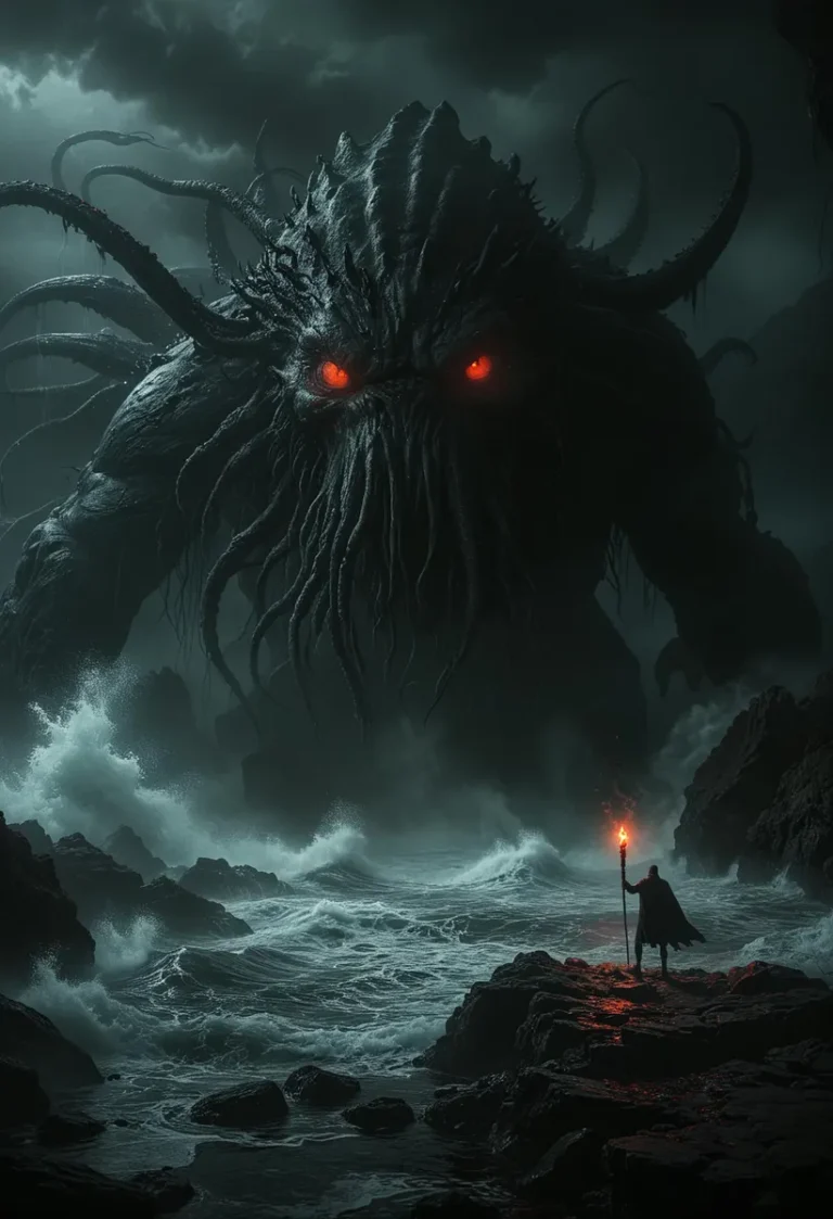 A giant sea creature with glowing red eyes emerges from dark waters with stormy waves, while a figure holding a flaming torch stands on rocky terrain. This is an AI generated image using Stable Diffusion.