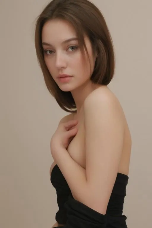 A sensual portrait of a woman with brown hair, wrapped in a black cloth, and a soft expression, generated by AI using Stable Diffusion.