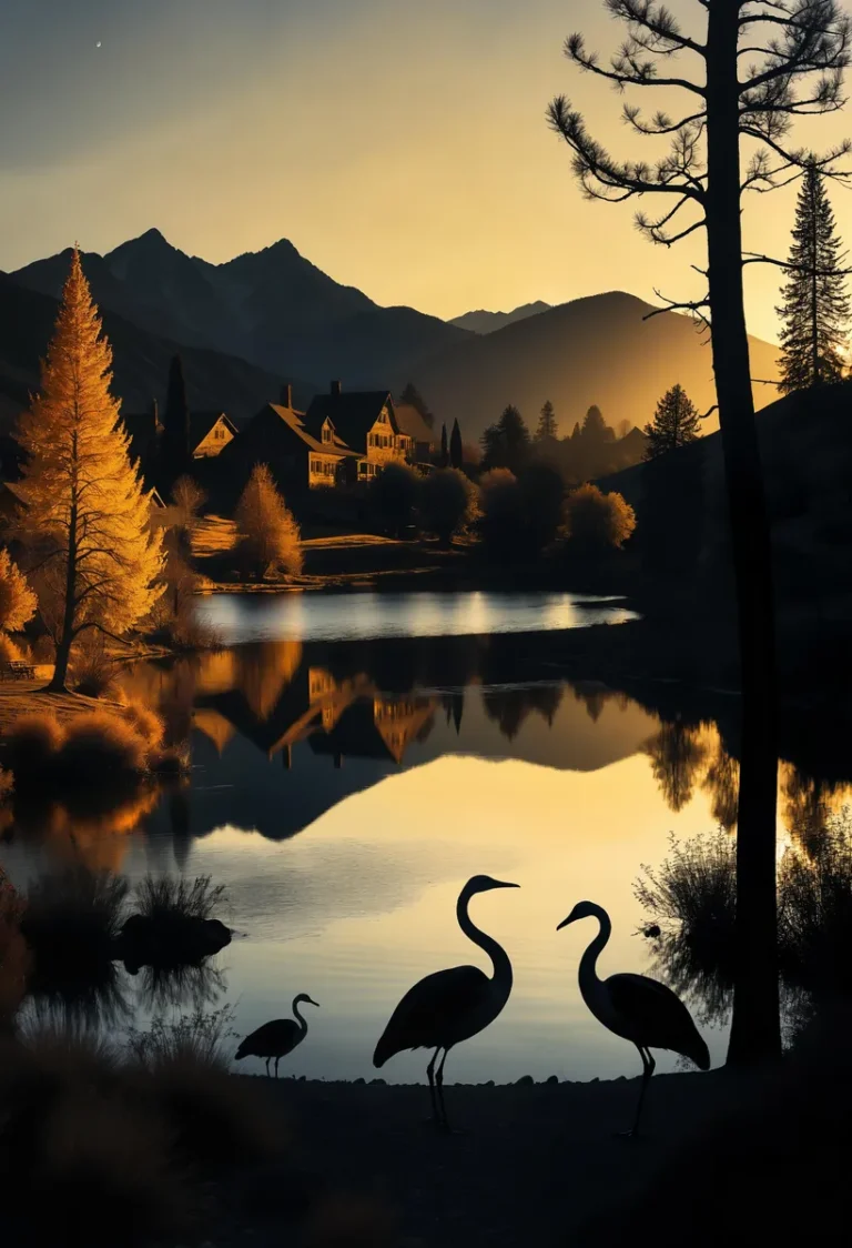 A serene evening landscape with silhouetted birds in the foreground, an idyllic house near a reflective lake, and mountains in the background. This image is AI-generated using Stable Diffusion.