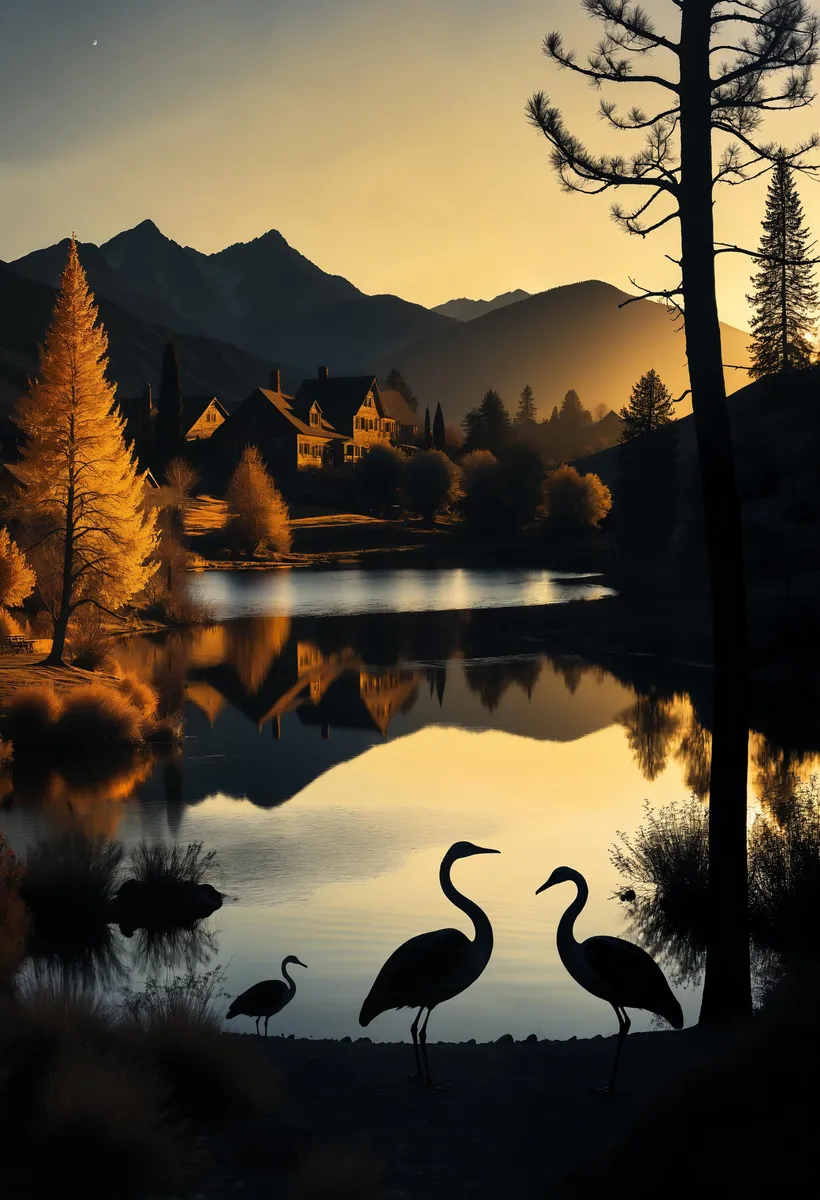 A serene evening landscape with silhouetted birds in the foreground, an idyllic house near a reflective lake, and mountains in the background. This image is AI-generated using Stable Diffusion.