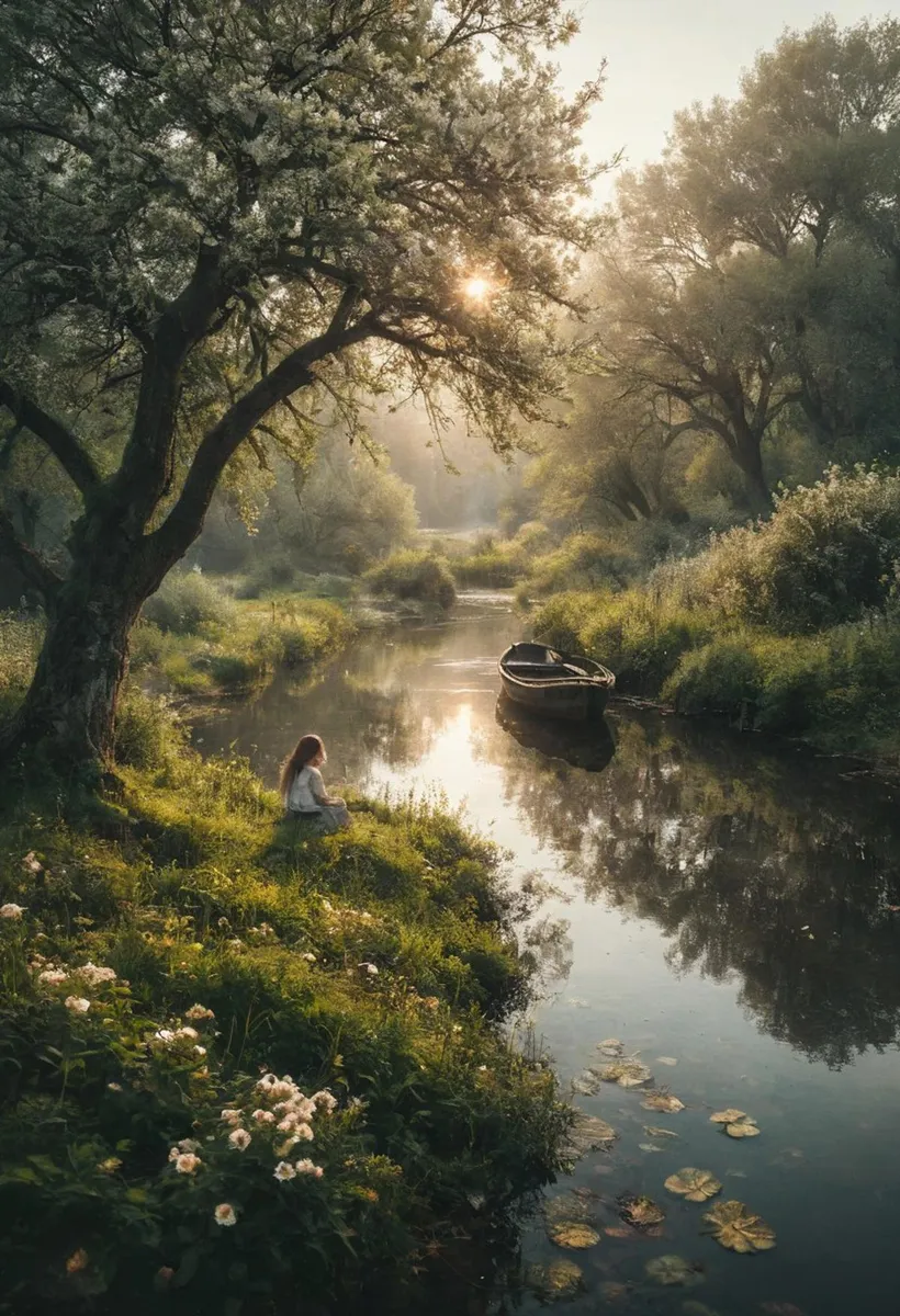 A serene forest river scene with a woman sitting on the grass near the water, a wooden boat floating on the river, and sunlight filtering through the trees. AI generated image using stable diffusion.