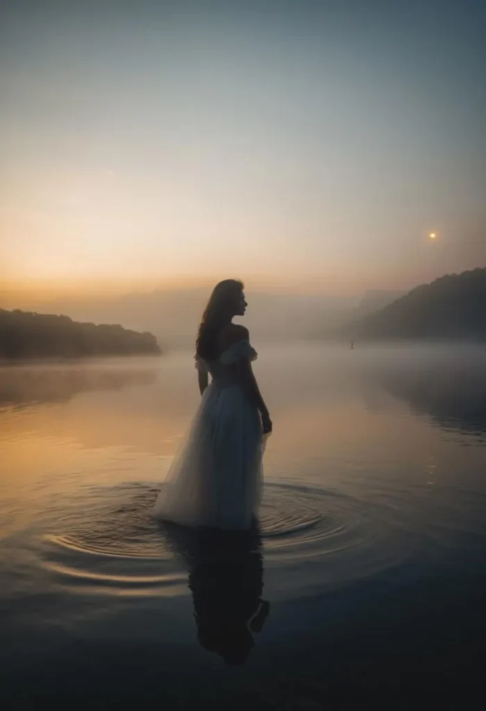 A serene woman in a flowing white dress standing in a calm lake at sunset. AI-generated image using Stable Diffusion.