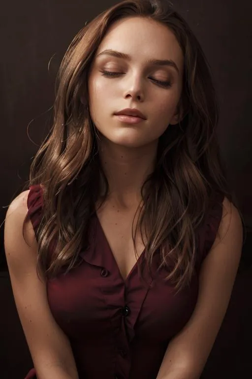 A serene woman with long brown hair and closed eyes, dressed in a burgundy top. AI generated image using Stable Diffusion.