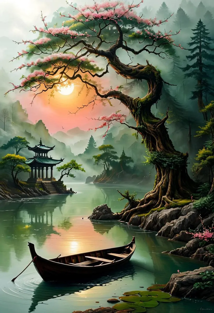 Serene AI generated image created with Stable Diffusion, depicting a tranquil oriental landscape with a boat floating on calm waters beneath a cherry blossom tree and a pagoda in the background.