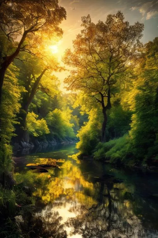 A serene forest with a beautiful sunrise reflecting on a calm river, AI generated image using Stable Diffusion.