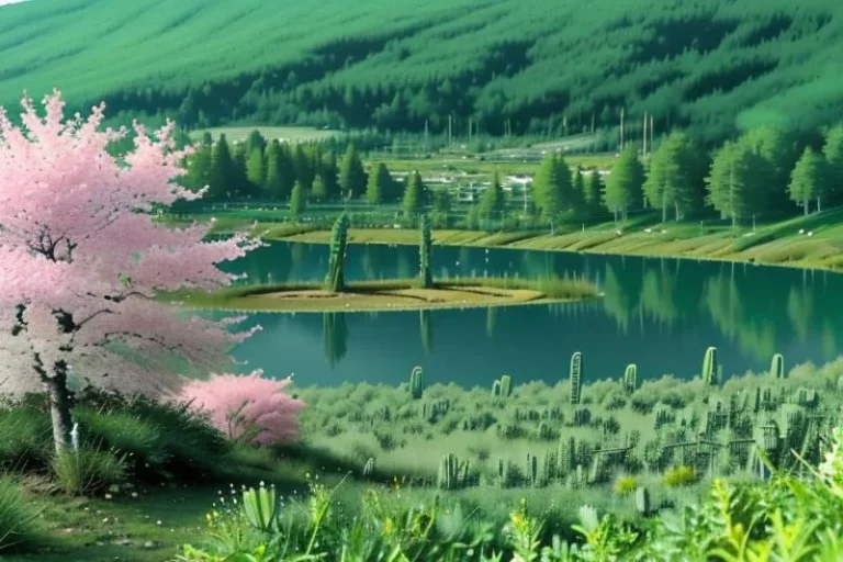 A peaceful scene featuring a serene lake surrounded by lush greenery and cherry blossom trees, generated by AI using Stable Diffusion.
