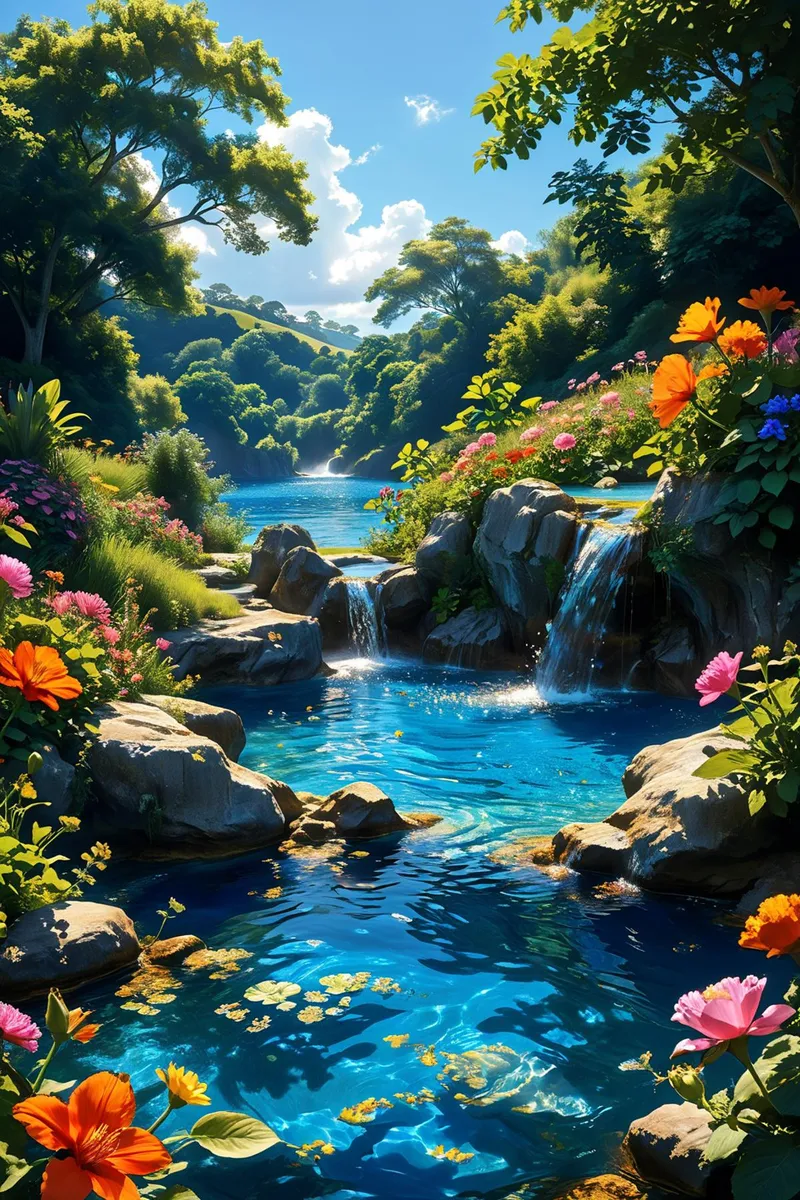 A picturesque, AI-generated image using stable diffusion, featuring a tranquil waterfall cascading into a crystal-clear blue pond surrounded by lush foliage and blooming flowers, all under a bright blue sky.