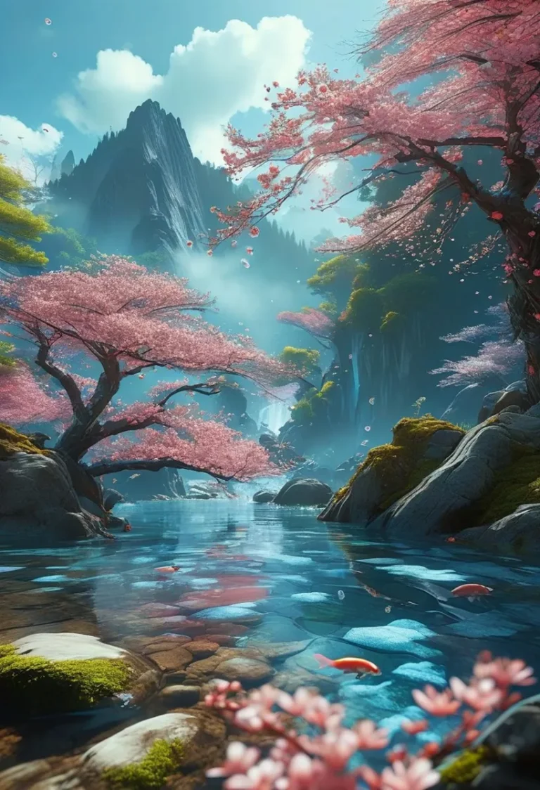 A beautiful, AI-generated fantasy landscape featuring vibrant cherry blossoms, a serene river with colorful fish, and towering mountains in the background using stable diffusion.