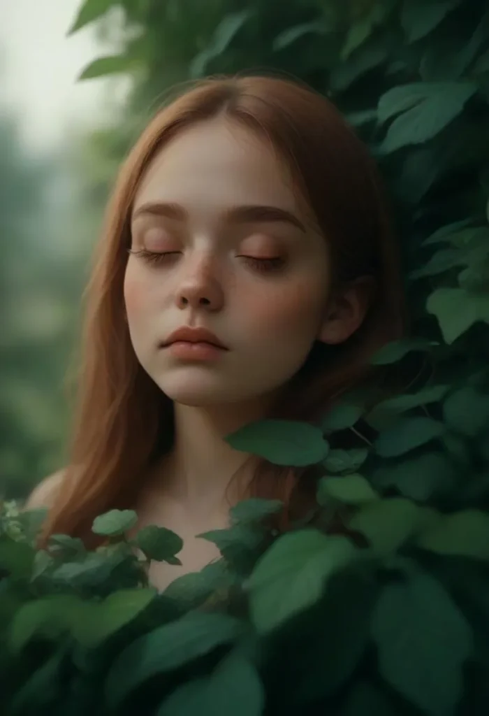 AI-generated image of a serene woman with closed eyes in a lush green nature background created using stable diffusion.
