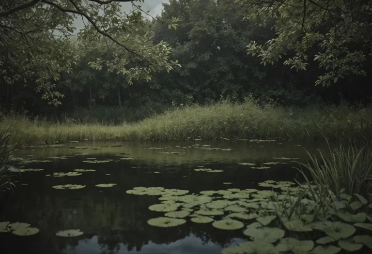 A serene pond with lily pads surrounded by lush greenery, generated using AI and Stable Diffusion.