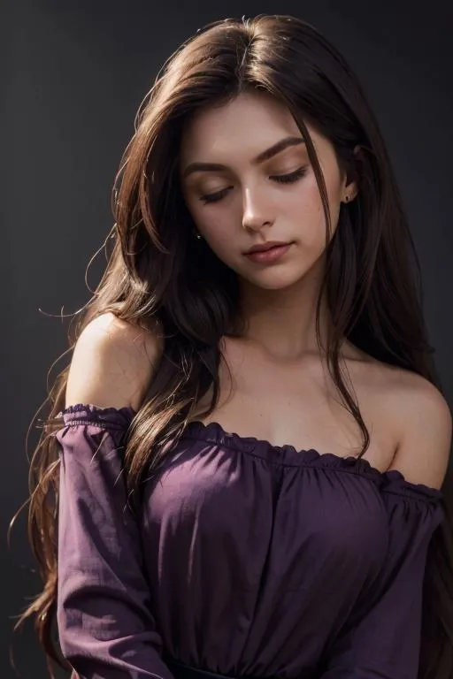 A serene woman with long dark hair wearing a purple off-shoulder dress, looking down, AI generated using Stable Diffusion.