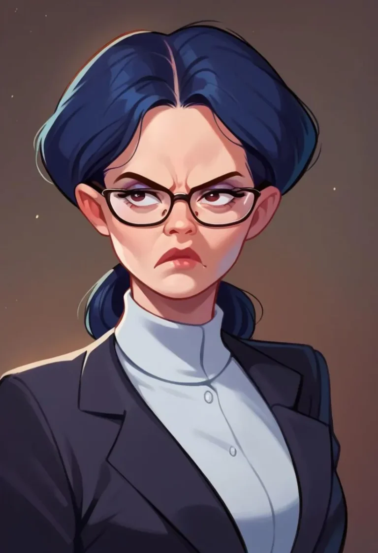 Illustration of a serious-looking woman with blue hair, wearing glasses and formal attire. AI generated by Stable Diffusion.