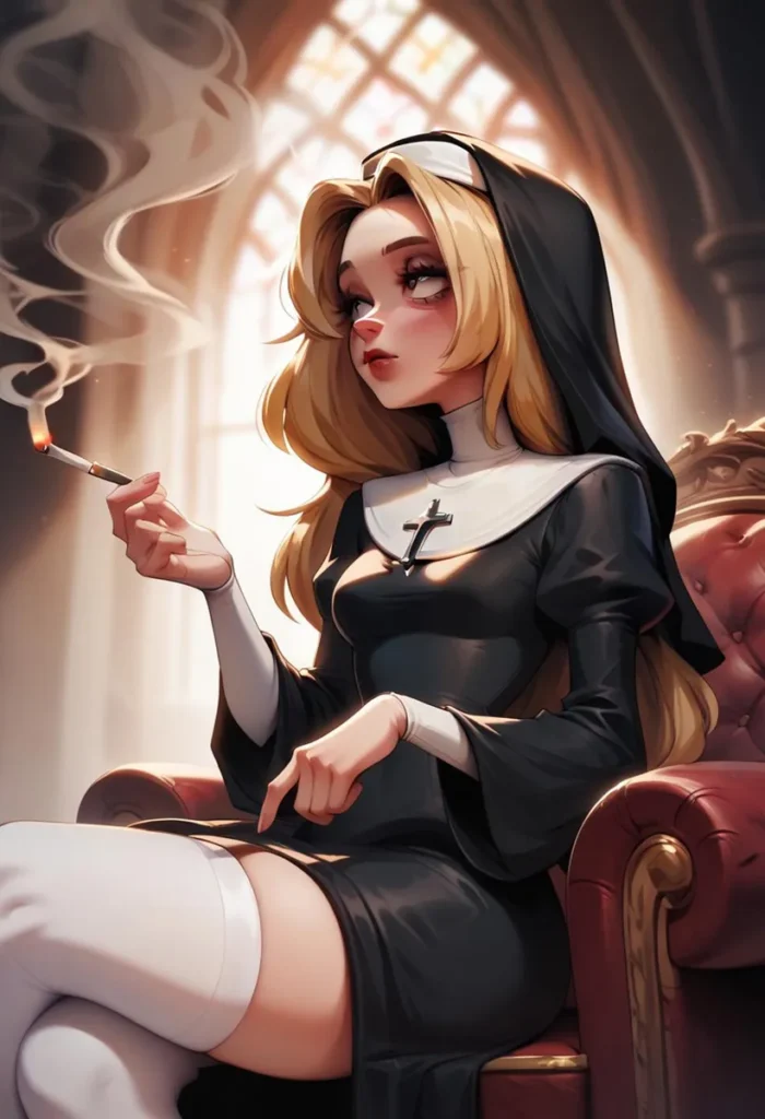 Stylized AI-generated anime art of a seductive nun with blonde hair, wearing a revealing nun outfit, seated in a chair, smoking a cigarette.