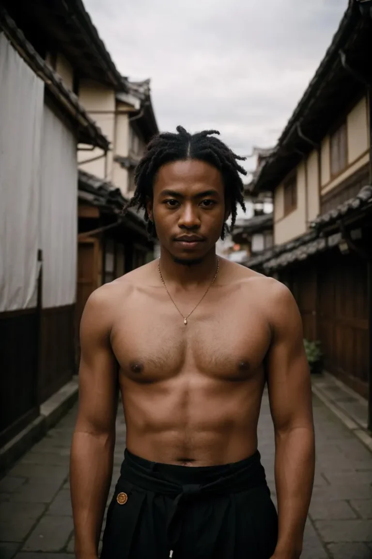 A shirtless man with dreadlocks standing on a traditional Japanese street. AI generated image using Stable Diffusion.