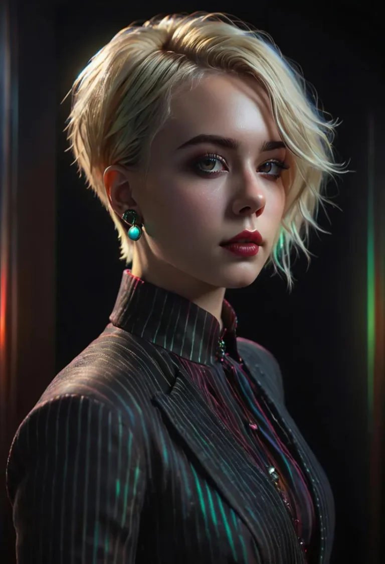An AI-generated image using stable diffusion showcasing a woman with short blonde hair, wearing a dark pinstriped jacket and turquoise earrings, illuminated by soft lighting.