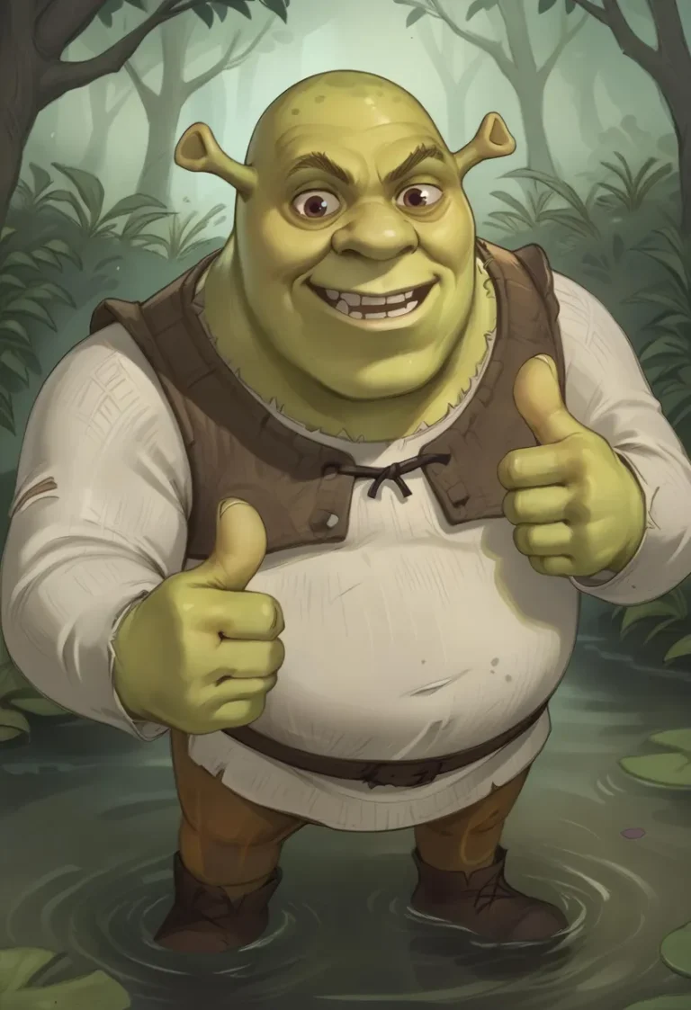 A digitally illustrated version of Shrek, created using Stable Diffusion, seen giving a thumbs up with both hands while standing in a forest.