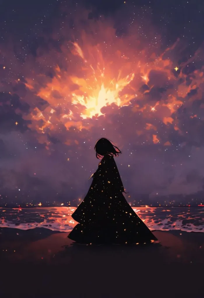 A silhouette of a person standing near the ocean, facing a magnificent sunset with a dramatic, glowing sky, created using Stable Diffusion AI.