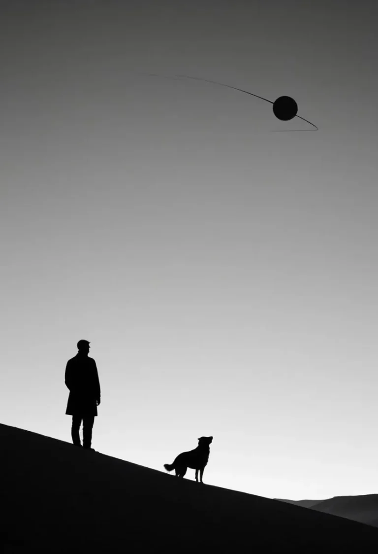 Silhouette of a man and a dog on a slope under a visible ringed planet, AI generated image using Stable Diffusion.