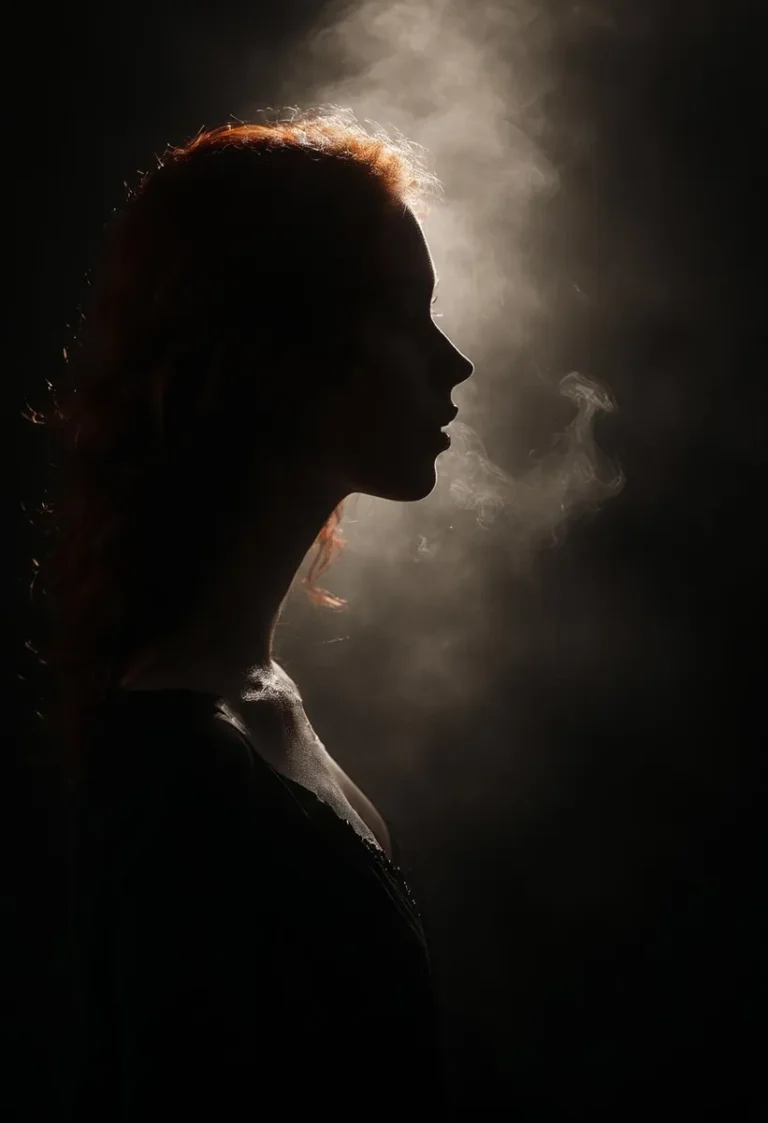 Silhouette of a woman with dramatic lighting and smoke, highlighting her profile. An AI generated image using Stable Diffusion.