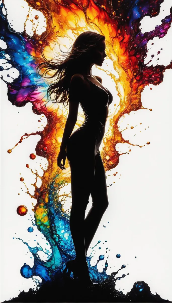 Artistic AI generated image using Stable Diffusion featuring a silhouette of a woman with a colorful splash of paint around her.