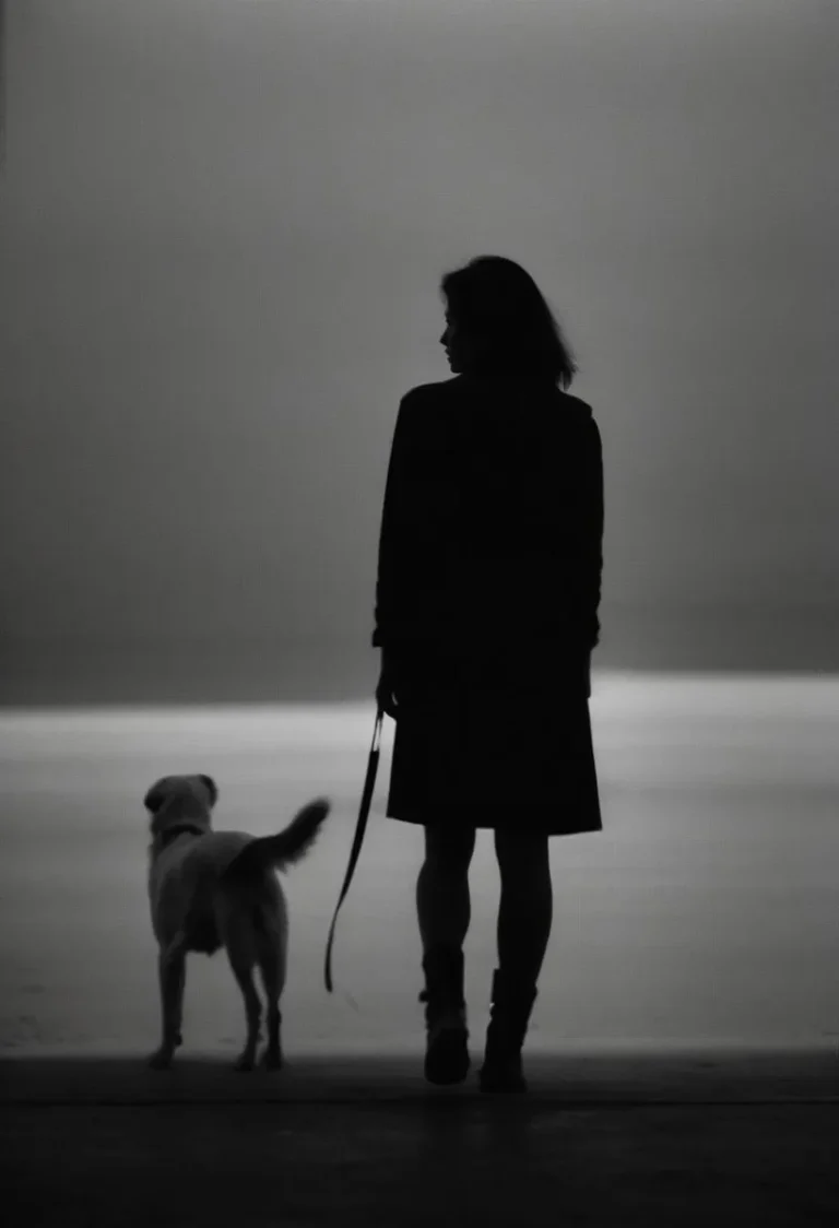 A silhouette of a woman holding a dog on a leash, standing against a serene background. This is an AI generated image using Stable Diffusion.