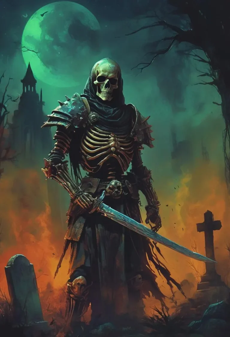 AI generated image of a skeletal warrior in a dark fantasy setting created using stable diffusion.