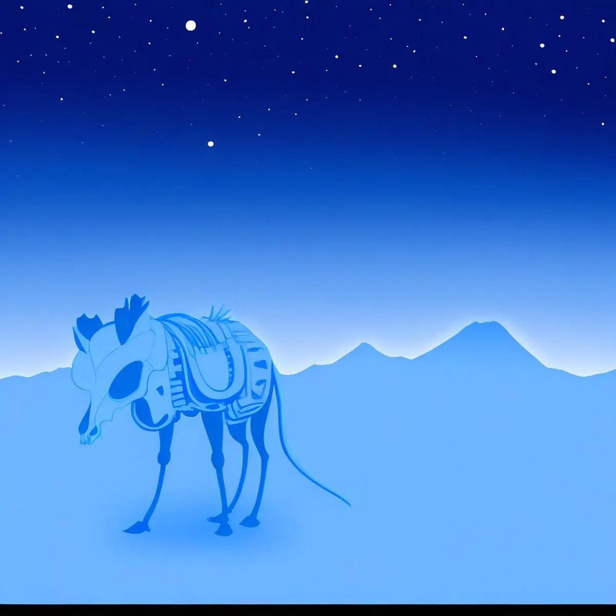 Surreal scene of a skeletal animal under a starry night sky in a blue monochromatic rocky landscape. This image was created using Stable Diffusion.