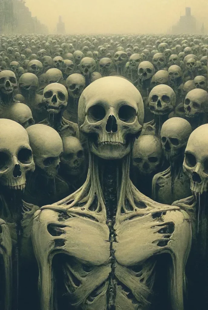 An ai generated image using stable diffusion depicting a massive army of skeletons in an eerie, foggy landscape.