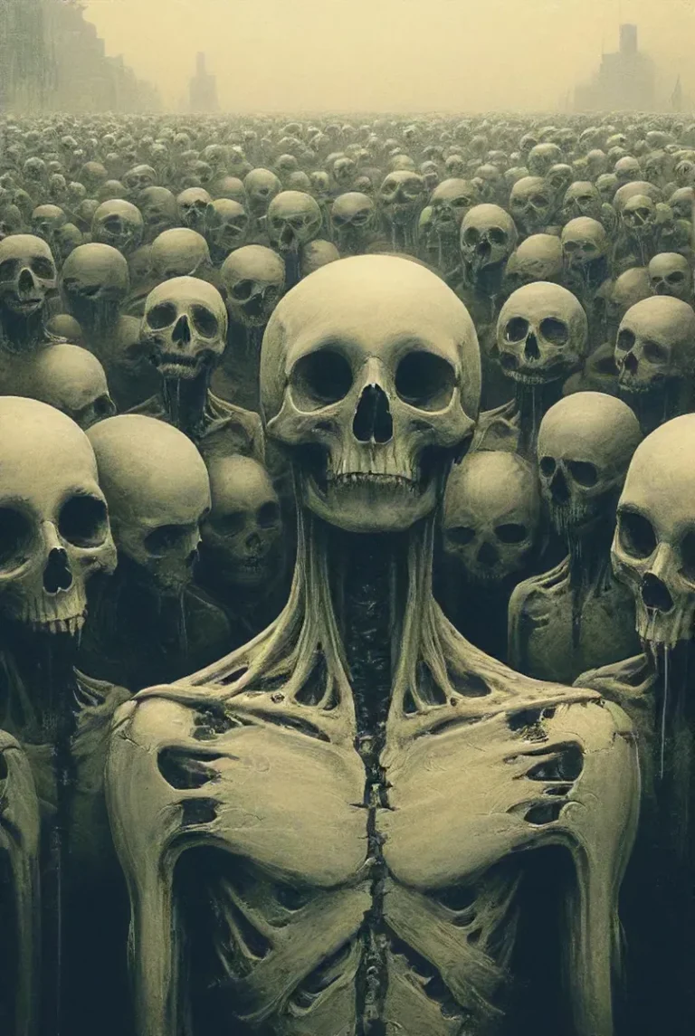An AI generated image using stable diffusion depicting a massive army of skeletons in an eerie, foggy landscape.