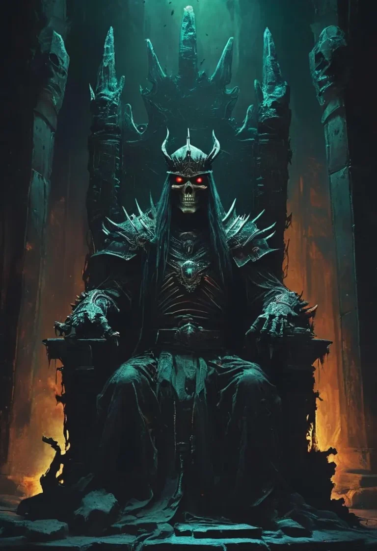 A demonic skeleton king with glowing red eyes sits on a dark, gothic throne with jagged, menacing architecture. Generated using Stable Diffusion.