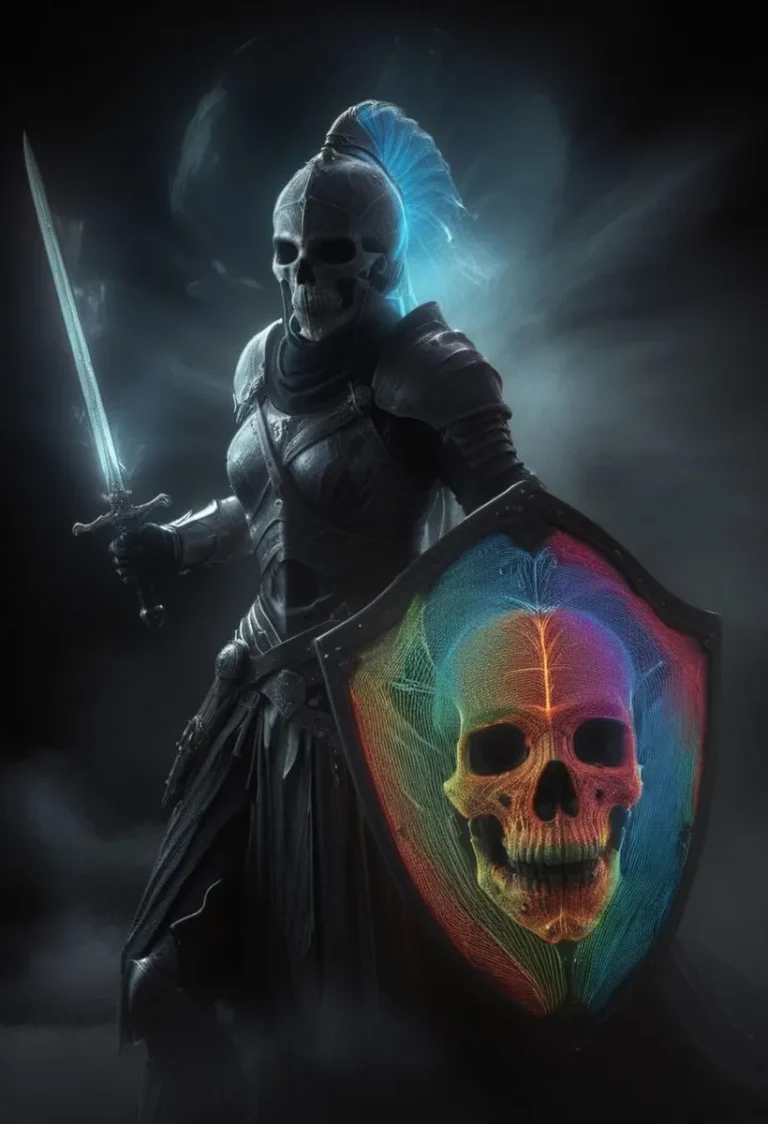 A dark fantasy AI generated image created with Stable Diffusion depicting a skeleton knight wielding a sword and holding a shield with a glowing rainbow skull.