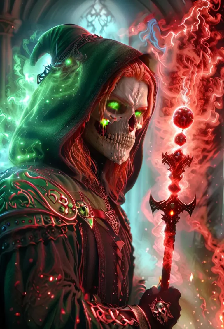 A dark fantasy skeleton mage with glowing green eyes and a red magic staff created using Stable Diffusion.