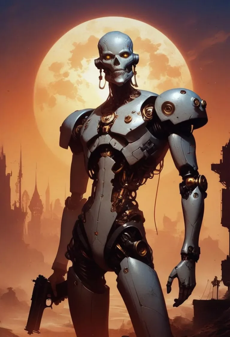 A futuristic skeleton robot with glowing yellow eyes, holding a gun, standing under a full moon with a cyberpunk cityscape in the background. AI generated image using Stable Diffusion.