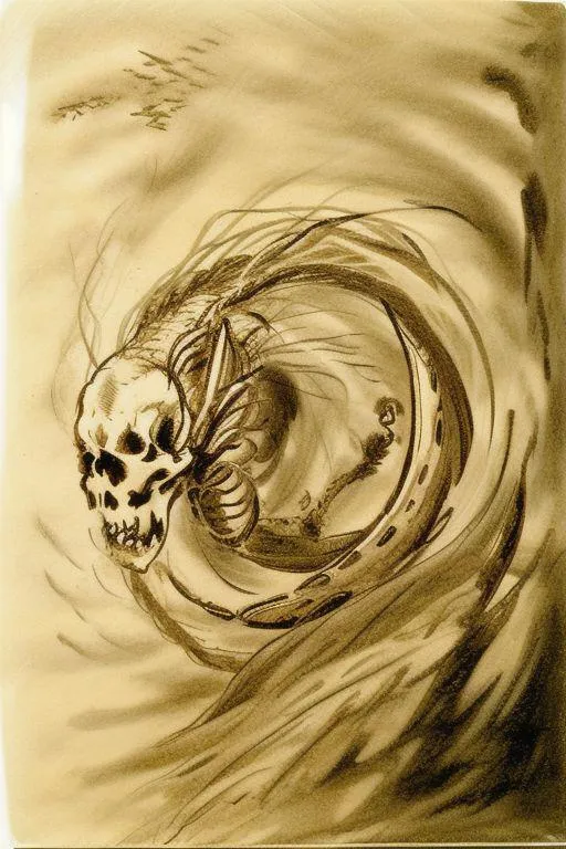A skull dragon depicted in sepia tones. This is an AI generated image using Stable Diffusion.