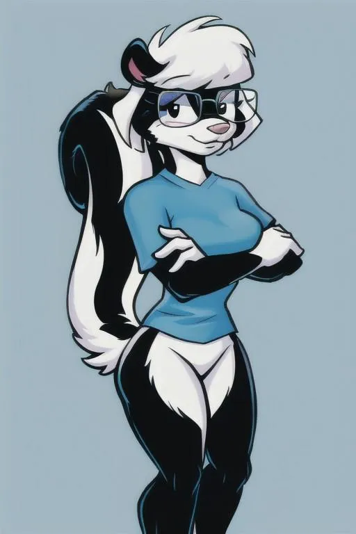 Anthropomorphic skunk character standing with arms crossed, wearing glasses and a blue sweater, AI generated image using Stable Diffusion.