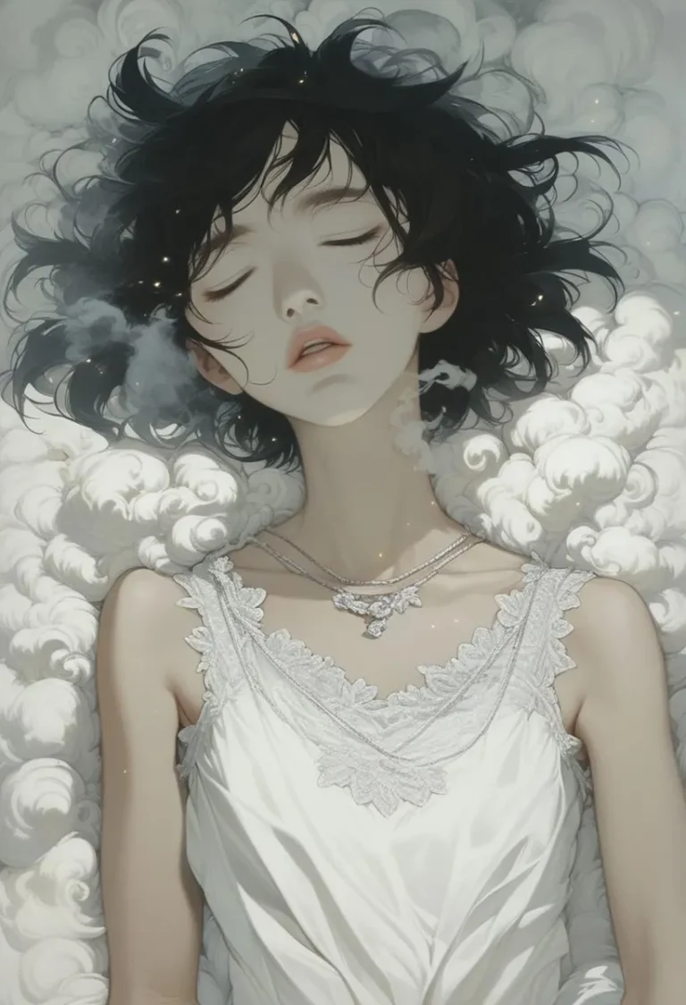AI-generated image of a sleeping woman with dark, tousled hair in a white dress, surrounded by fluffy clouds created using Stable Diffusion.