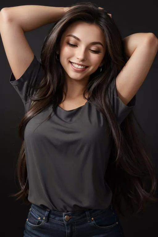 A smiling woman in a black t-shirt, with her arms raised and long hair falling behind, AI generated using stable diffusion.