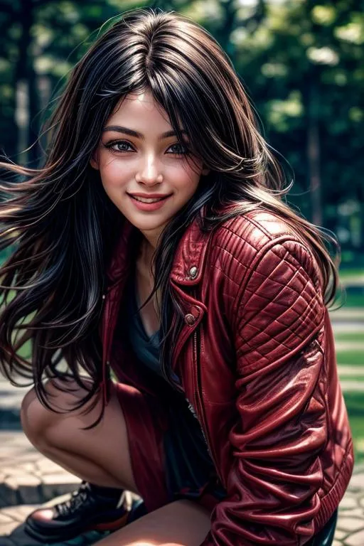 A smiling woman with long flowing hair, dressed in a red leather jacket, crouching in a park with blurred trees in the background. This is an AI generated image using Stable Diffusion.