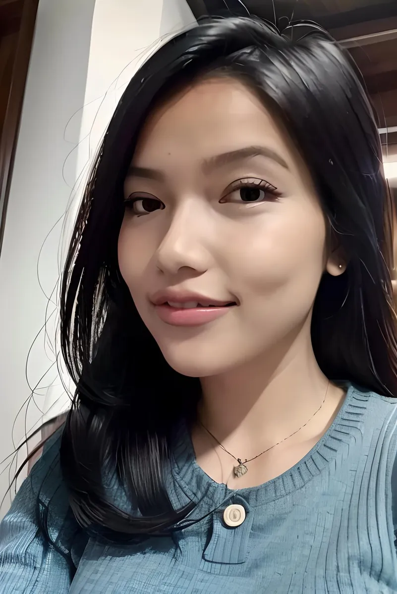 A close-up portrait of a smiling woman with long, straight black hair and fair skin, wearing a blue top and a delicate necklace. This is an AI generated image using Stable Diffusion.