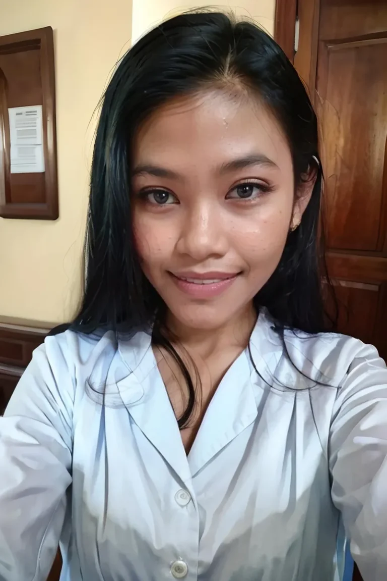 A smiling woman taking a selfie indoors while wearing a light blue shirt, generated using AI with Stable Diffusion.