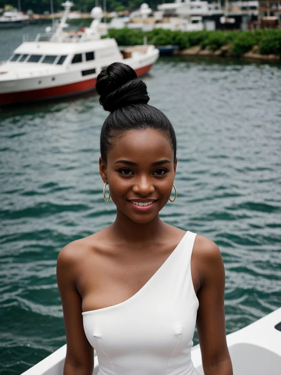 AI generated image of a smiling woman in a white one-shoulder dress on a yacht with a harbor background, created using Stable Diffusion.