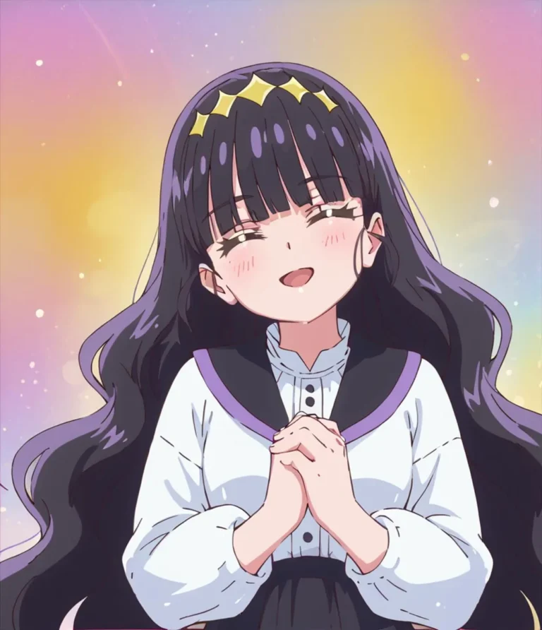 Anime girl with long black hair, stars in hair, and white uniform, smiling. AI generated image using Stable Diffusion.