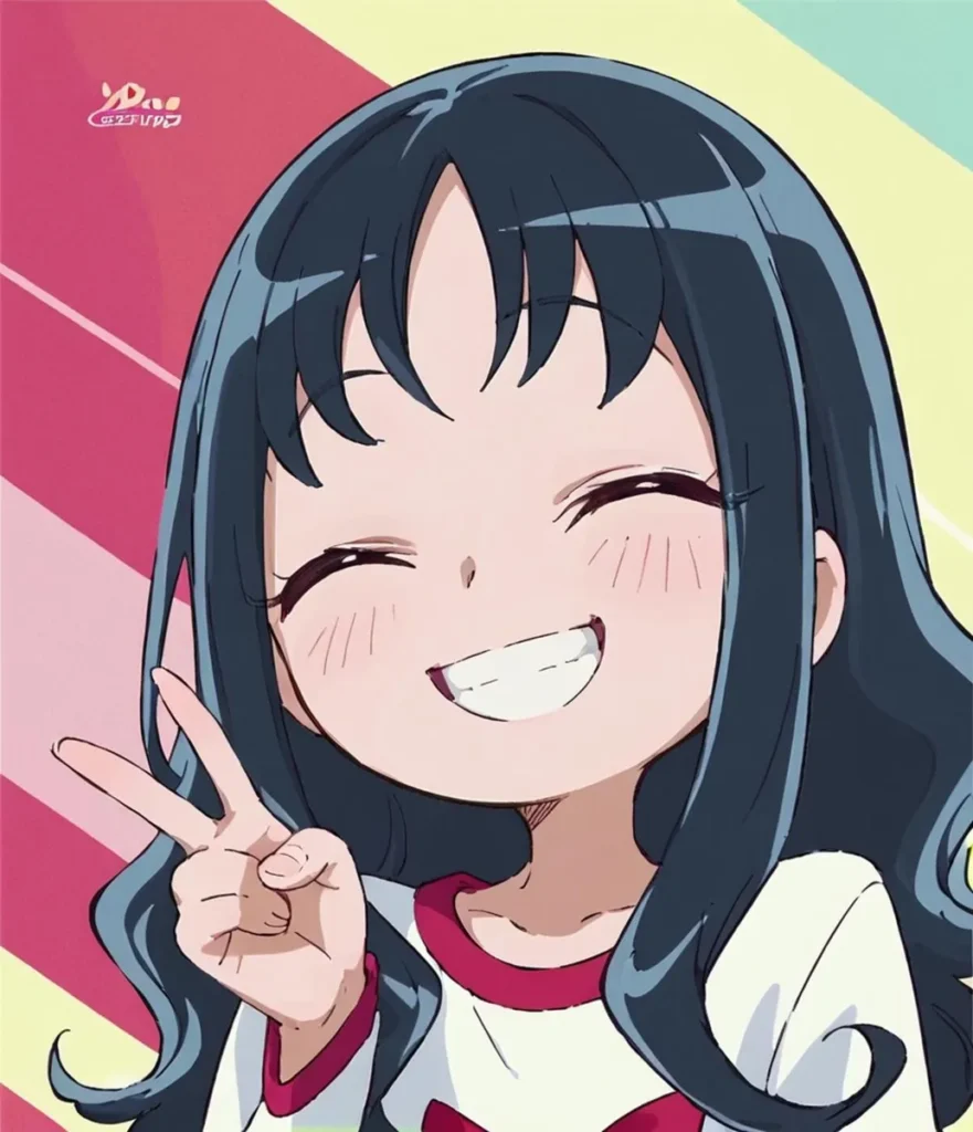 A cute anime girl with long dark hair and a big smile holding a peace sign. AI generated image using Stable Diffusion.