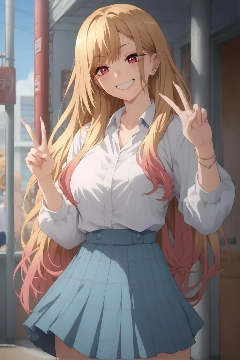 AI generated image of a smiling anime girl with long blonde hair and pink tips, wearing a white shirt and light blue pleated skirt, making a peace sign with both hands. Generated using Stable Diffusion.