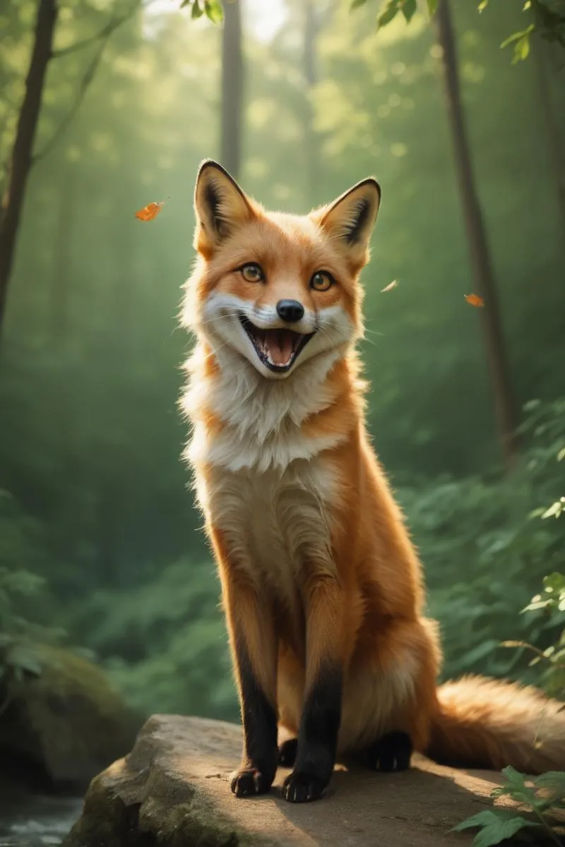 AI generated image of a smiling fox sitting on a rock in a lush green forest using stable diffusion.