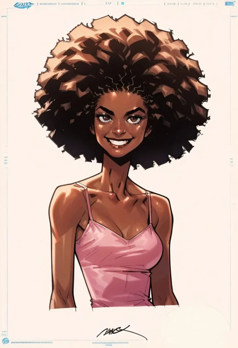 Smiling woman cartoon portrait with afro hair, AI generated using Stable Diffusion.