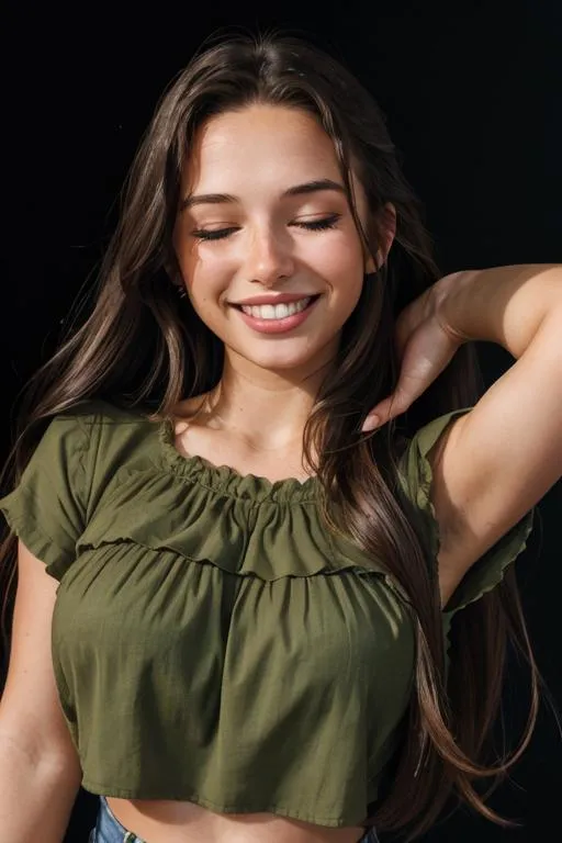 A smiling woman with long brown hair wearing a green top with ruffled details. AI generated image using Stable Diffusion.