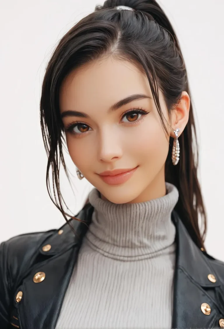 A close-up portrait of a smiling woman with straight black hair, wearing a turtleneck sweater and a black leather jacket adorned with golden buttons, AI generated using Stable Diffusion.