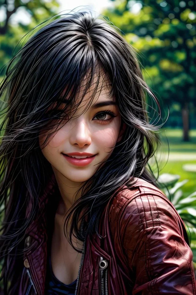 AI generated image of a beautiful smiling woman with long, flowing black hair, wearing a maroon leather jacket, standing in an outdoor park setting using stable diffusion.