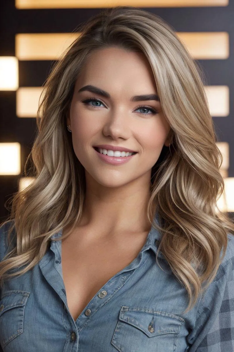 Smiling blonde woman with wavy hair and denim shirt in a portrait generated using Stable Diffusion AI.